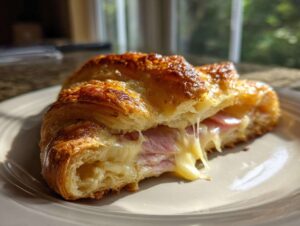 Close-up of a freshly baked ham and cheese croissant cut open, showing melted, gooey cheese stretching out.