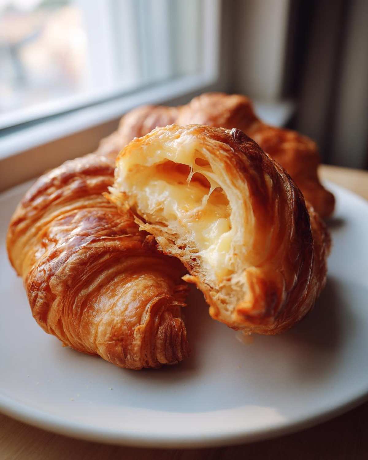 Close-up of a baked ham and cheese croissants cut open, showing gooey, melted cheese filling stretching between the flaky layers.
