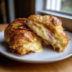 A golden brown baked ham and cheese croissants cut in half, showing gooey melted cheese and ham filling.