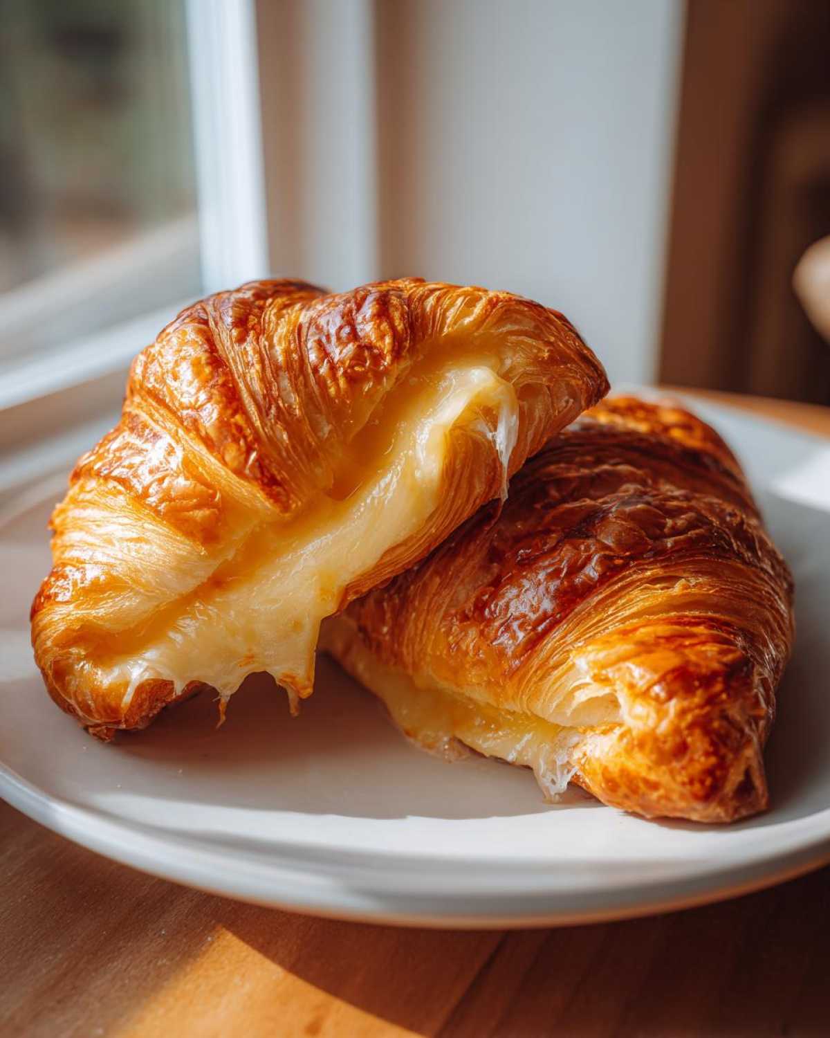 Two golden brown baked ham and cheese croissants with visible melted cheese oozing out, resting on a white plate.