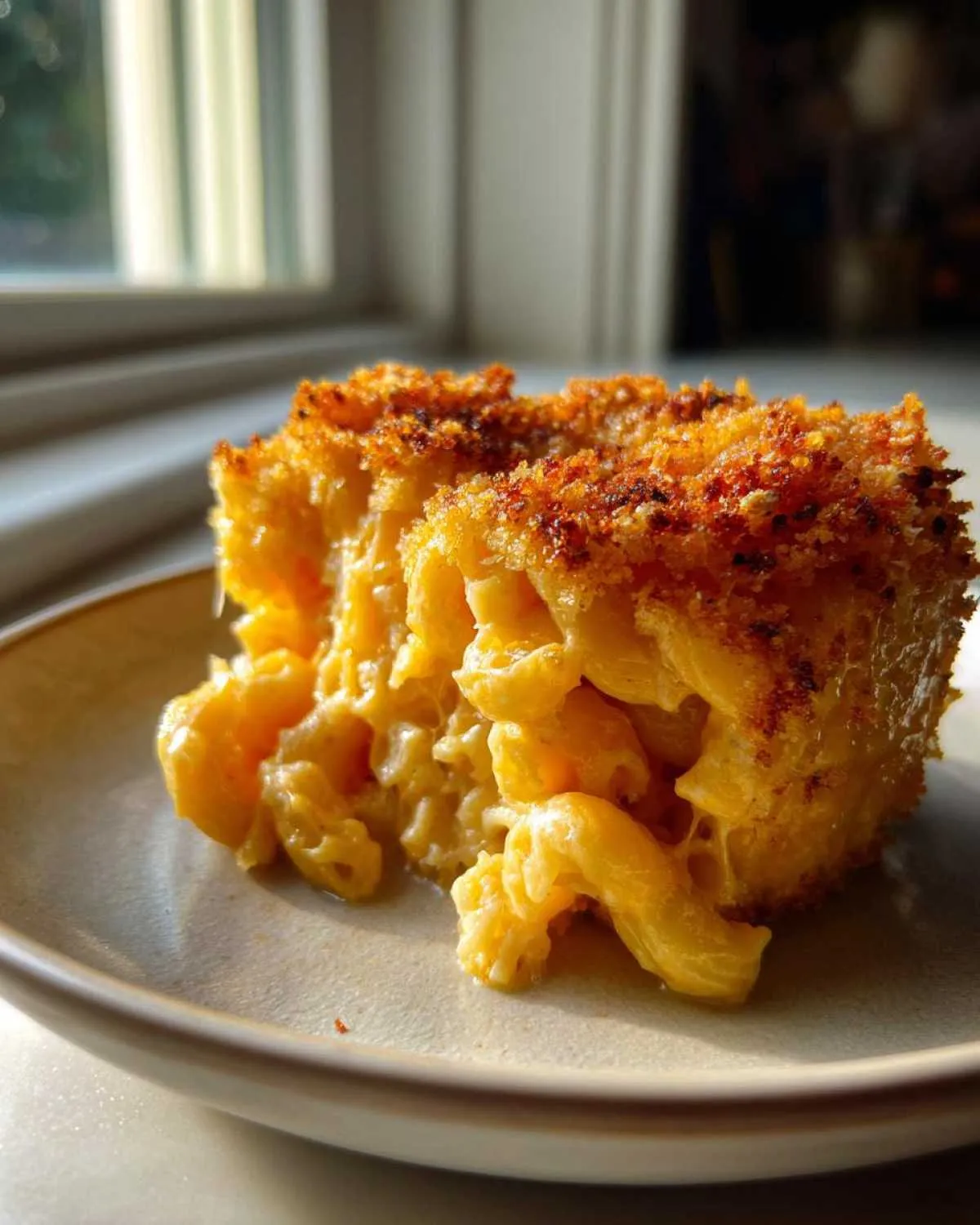 A close-up of a square serving of creamy baked mac and cheese with a golden, crispy breadcrumb topping.