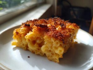 A square slice of creamy baked mac and cheese with a deeply browned, crispy topping, served on a white plate.