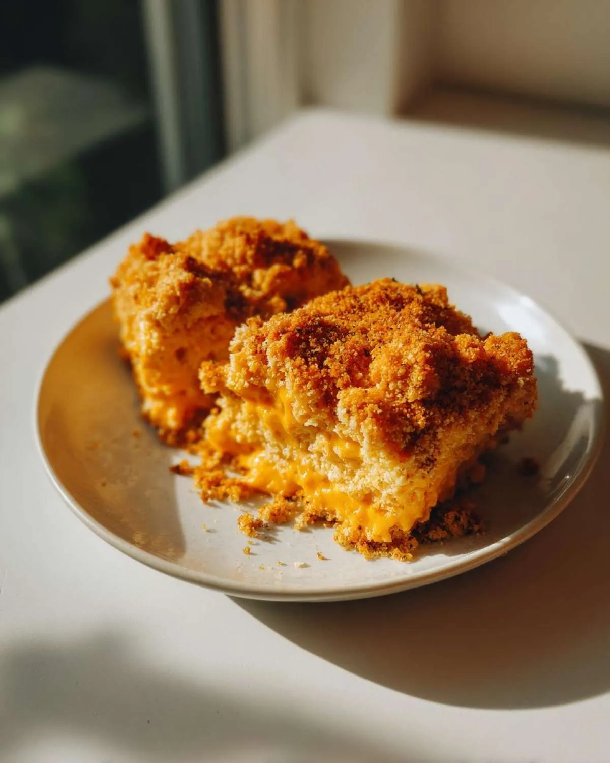 Two squares of rich, creamy baked mac and cheese topped with a golden, crunchy breadcrumb crust, served on a light plate.