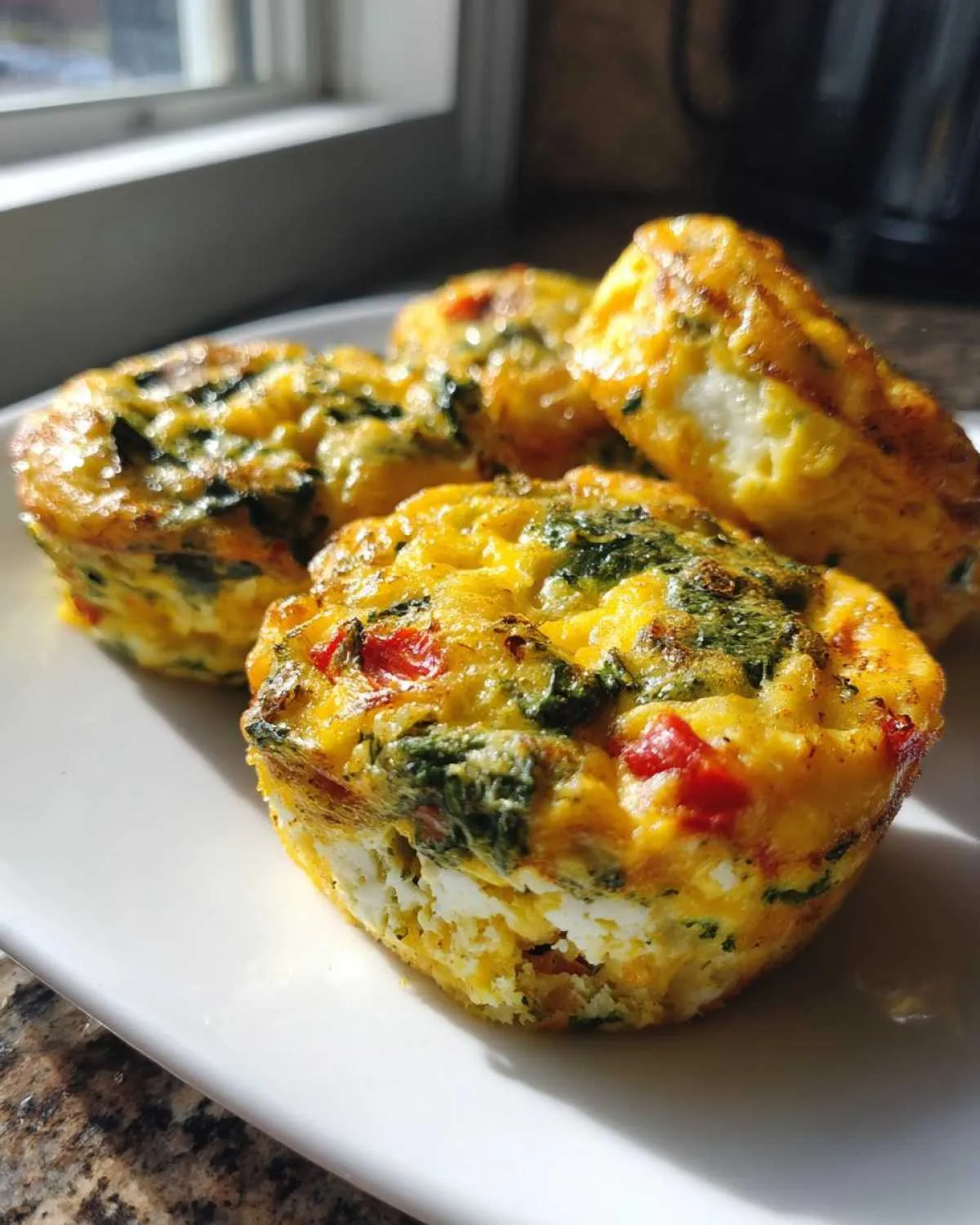 Four golden-brown baked egg muffin portions filled with spinach and red peppers, resting on a white plate.