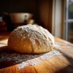 A round ball of freshly made pizza dough dusted with flour resting on a wooden surface.
