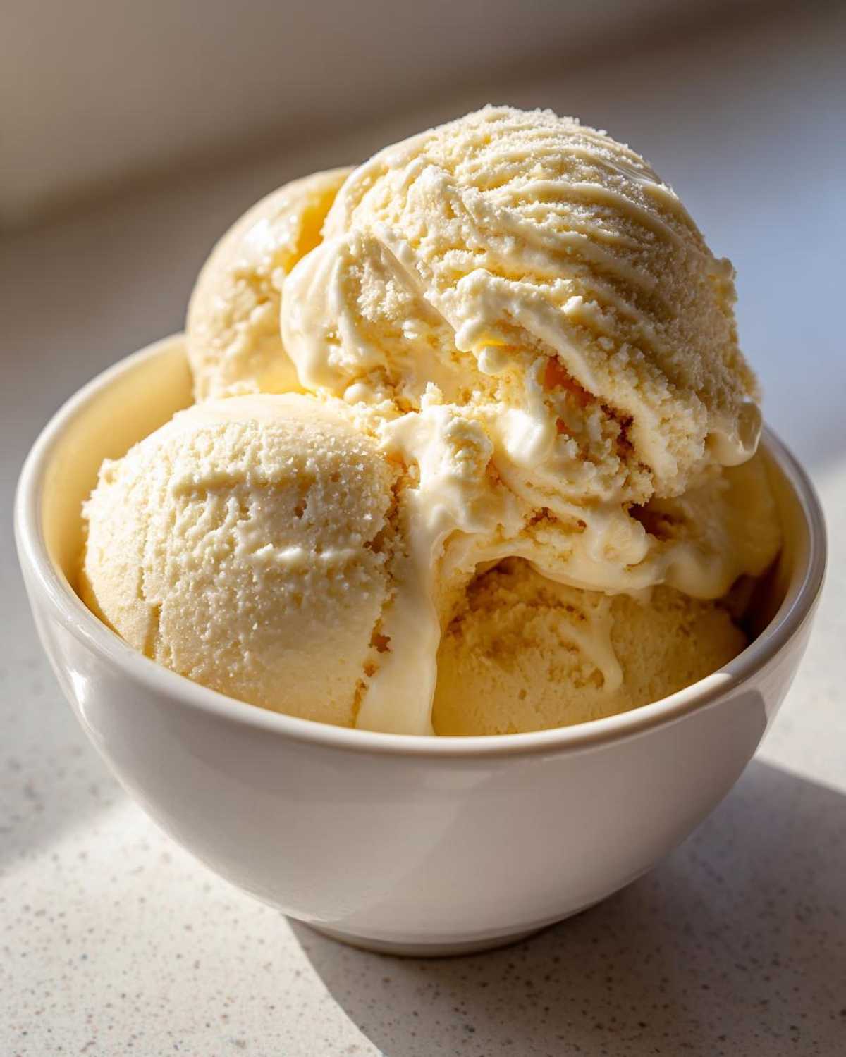 Three scoops of creamy, pale yellow banana ice cream melting slightly in a white bowl.
