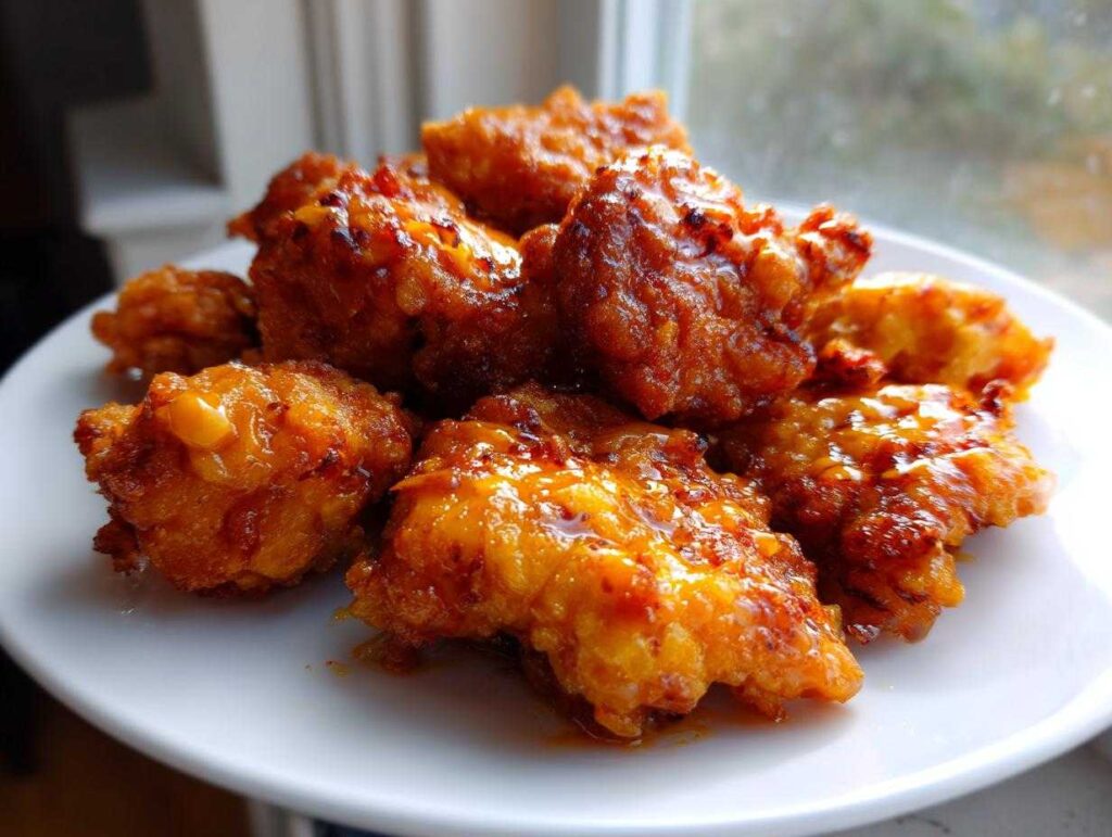 Close-up of crispy, glazed Bang Bang Chicken pieces piled on a white plate near a window.