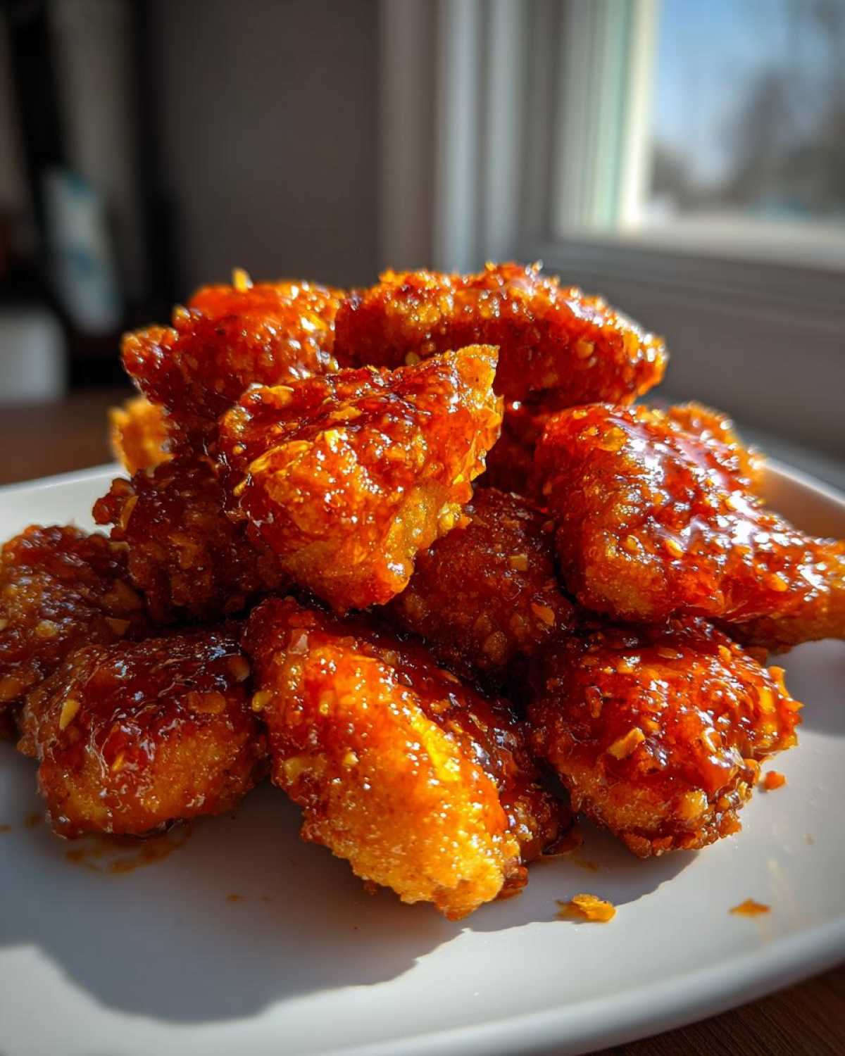 A pile of crispy, golden-brown pieces of Bang Bang Chicken coated in a thick, glossy, reddish-orange sauce.
