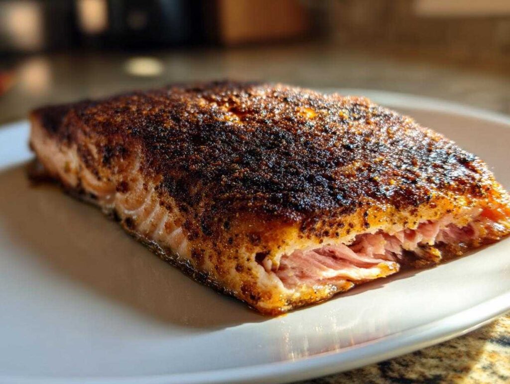 Close-up of a thick, flaky fillet of blackened salmon with a dark, seasoned crust resting on a white plate.