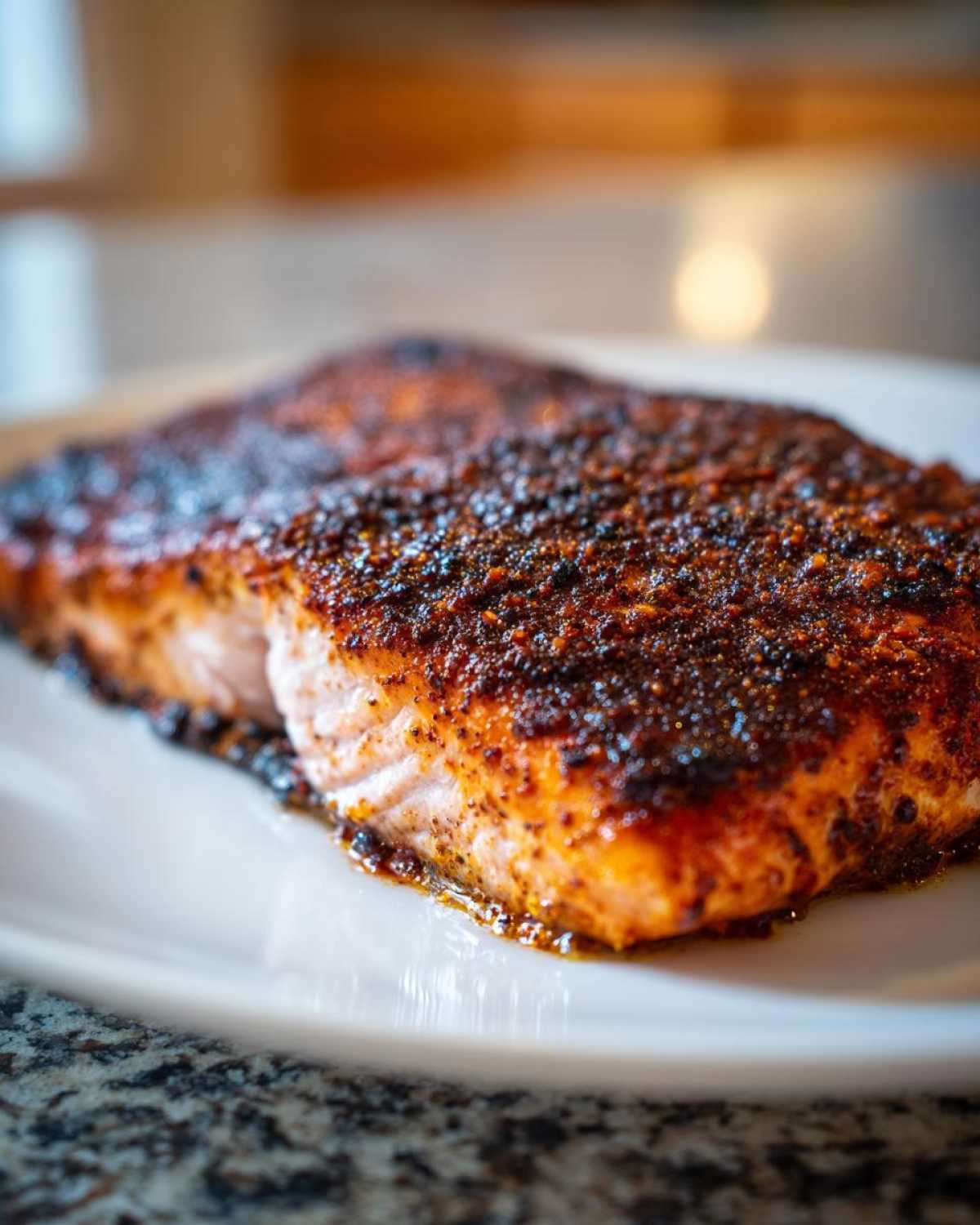 Close-up of a thick fillet of blackened salmon, showing the dark spice crust and flaky pink interior.