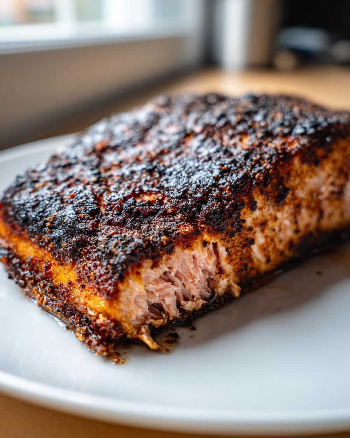 Close-up of a flaky, perfectly cooked piece of blackened salmon with a dark, spiced crust on a white plate.