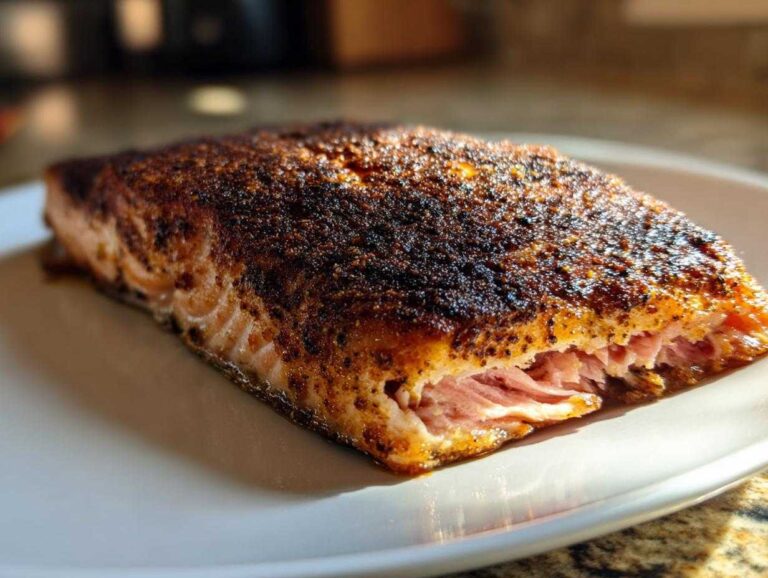 Close-up of a thick, flaky fillet of blackened salmon with a dark, seasoned crust resting on a white plate.