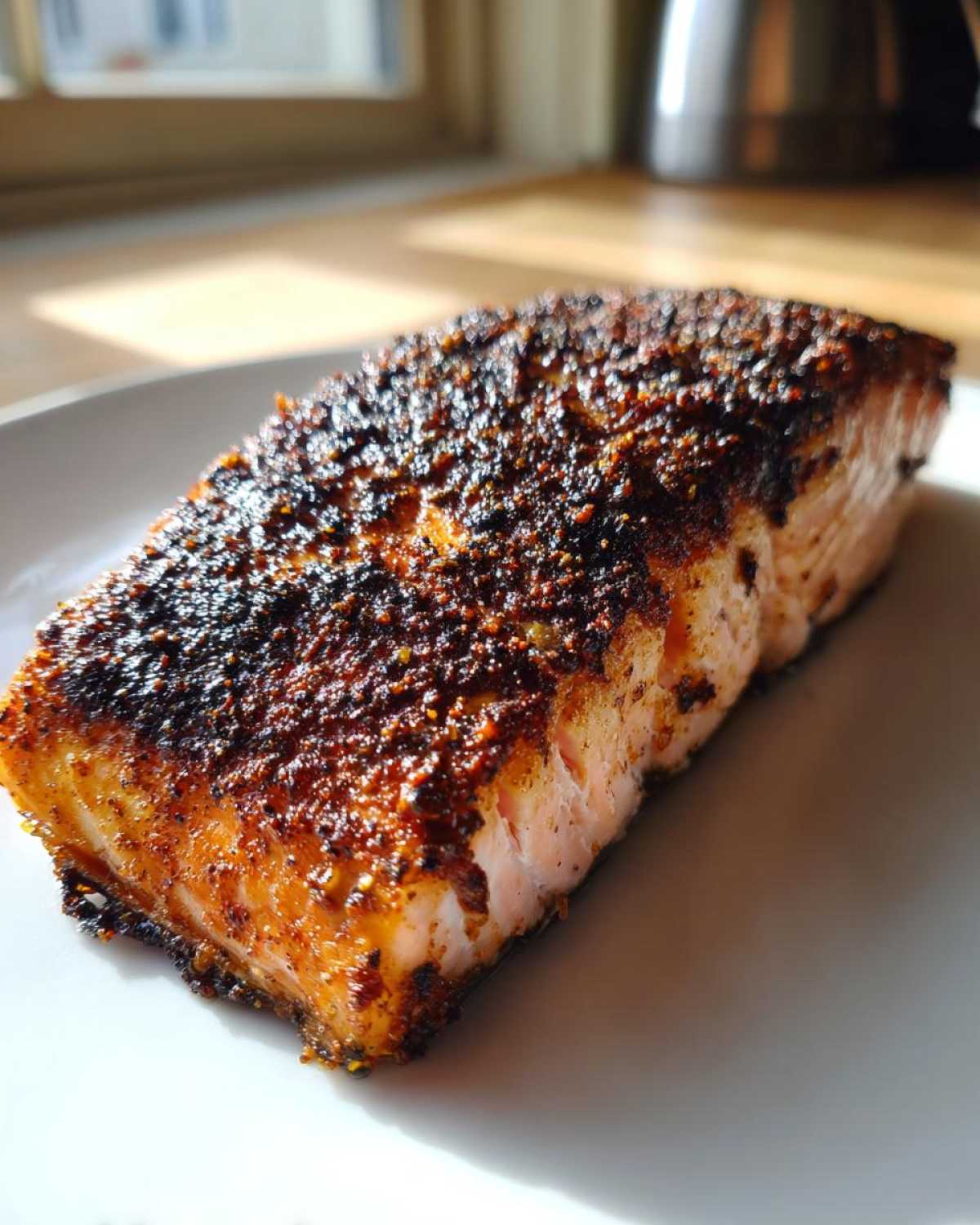 Close-up of a thick, perfectly cooked blackened salmon fillet showing a dark, spicy crust and moist interior.