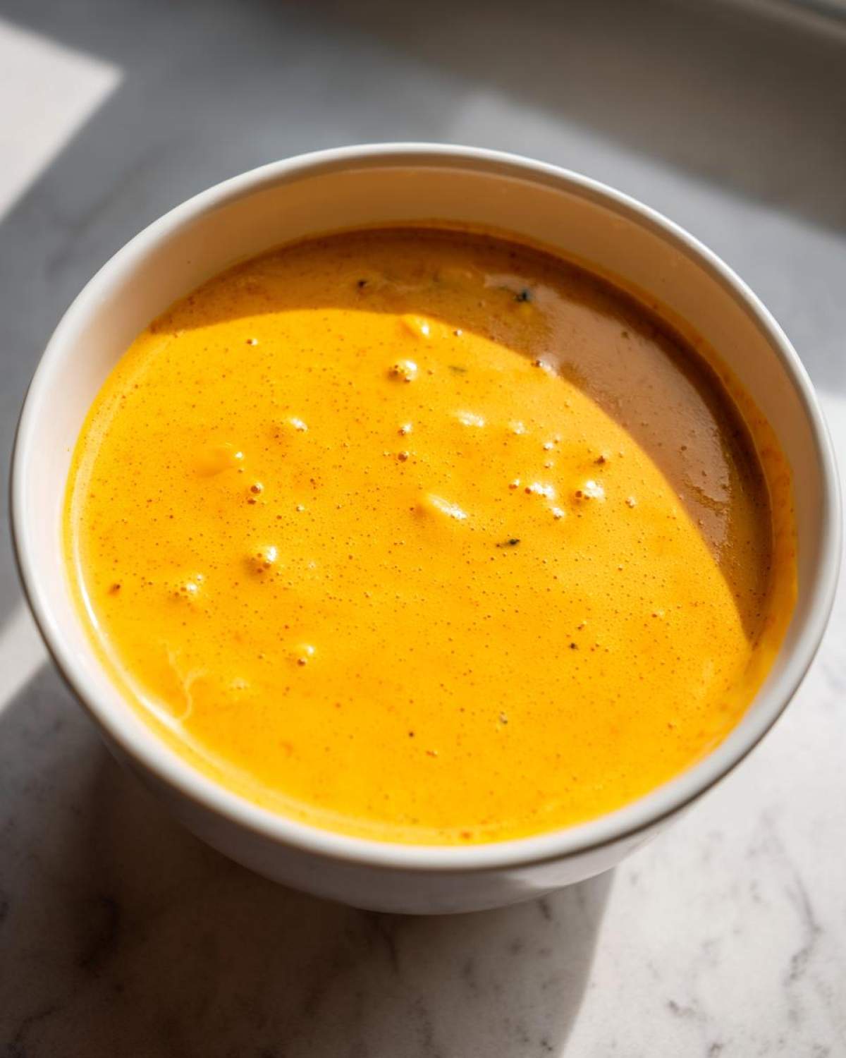 Overhead view of a white bowl filled with smooth, vibrant orange nacho cheese sauce.