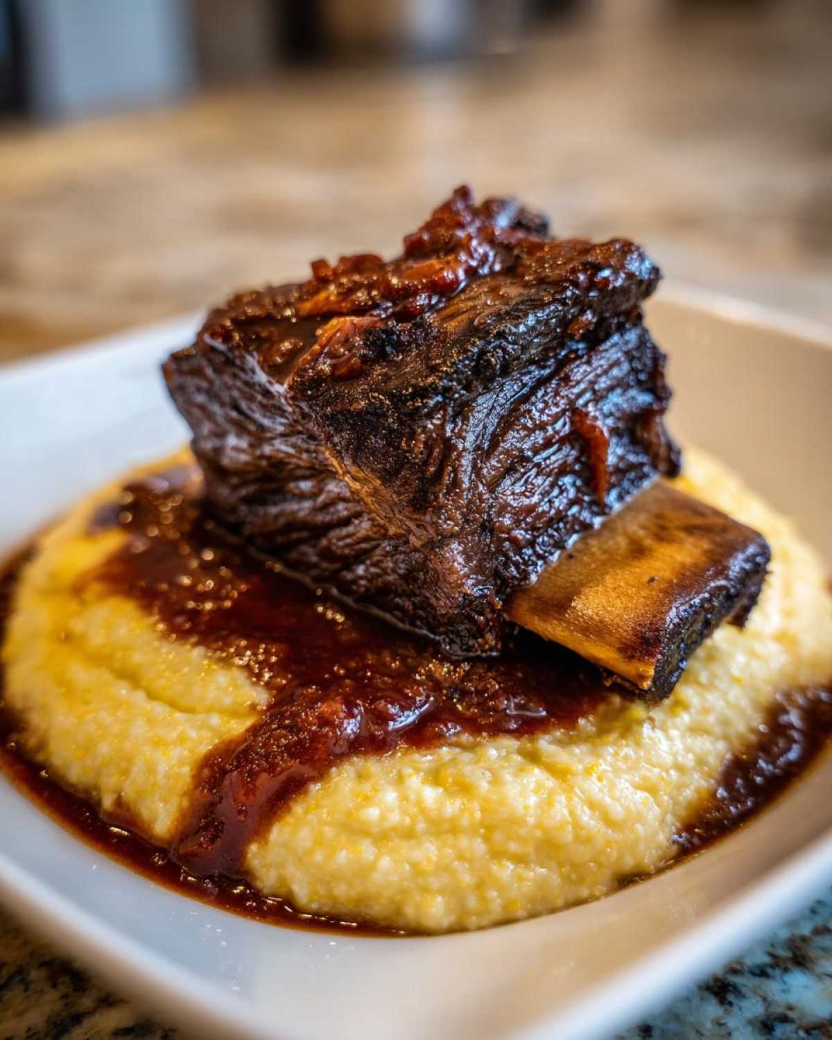 A single, dark, glossy braised short ribs served atop a bed of creamy yellow grits, drizzled with rich sauce.