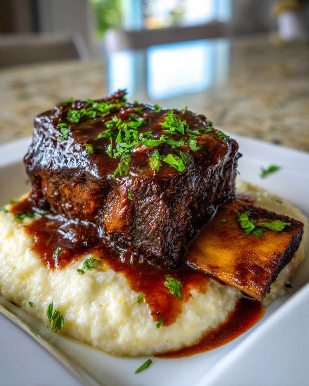 A single serving of tender braised short ribs covered in rich sauce, served atop creamy white grits and garnished with parsley.