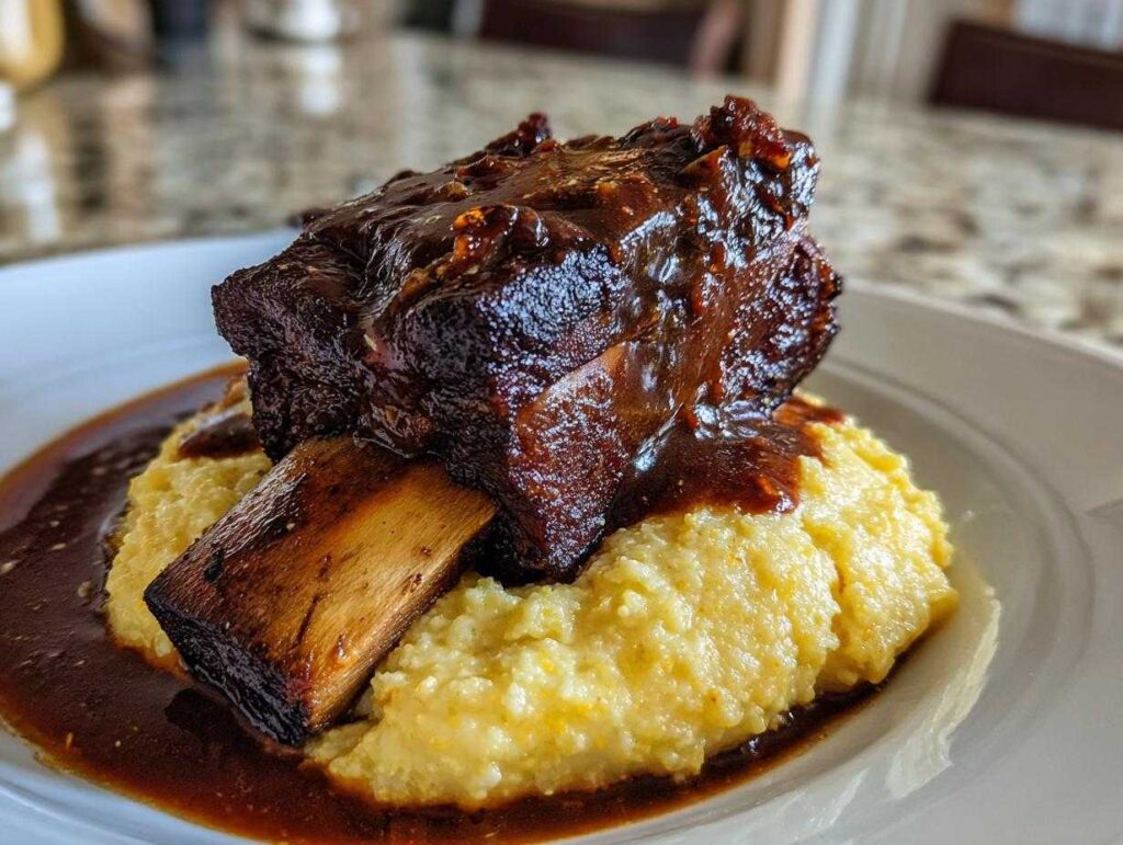 A single, thick braised short ribs piece covered in dark glaze, served atop creamy polenta with rich sauce.