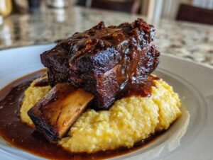 A single, thick braised short ribs piece covered in dark glaze, served atop creamy polenta with rich sauce.