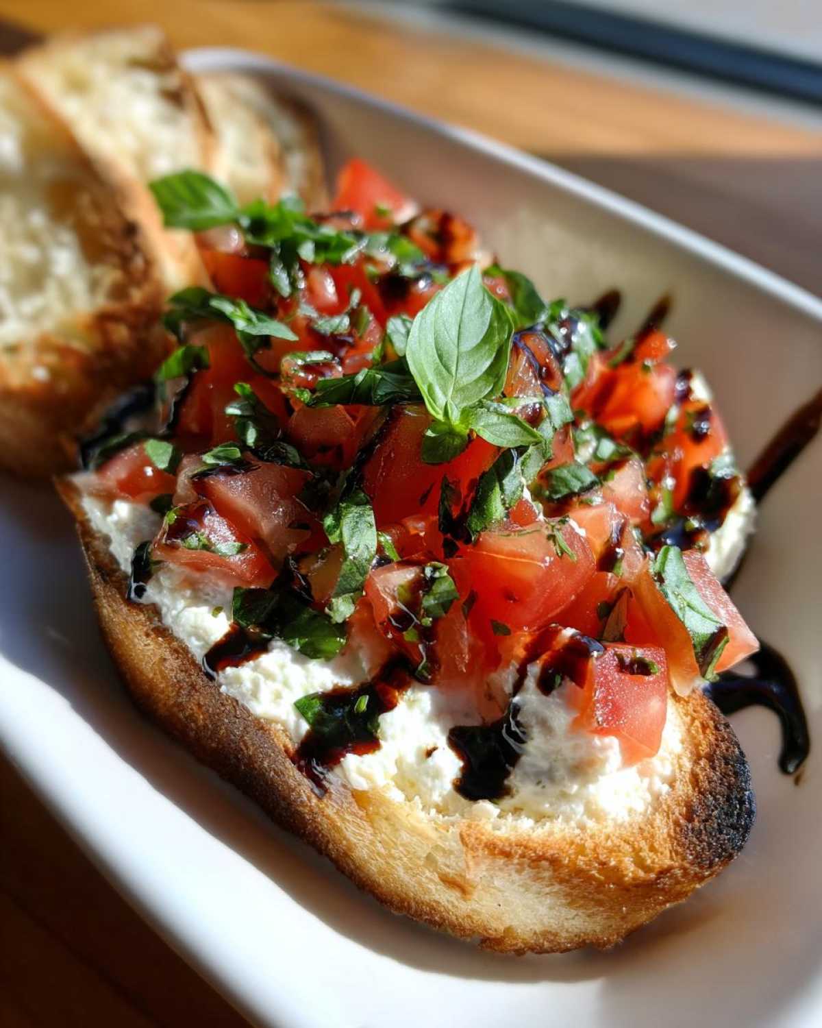 A piece of toasted bread topped with creamy cheese, diced tomatoes, basil, and balsamic glaze, perfect for bruschetta dip.
