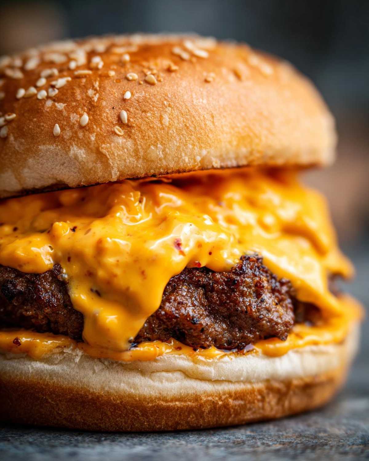 Close-up of a sesame seed bun burger patty covered in a generous amount of bright orange Big Mac sauce.