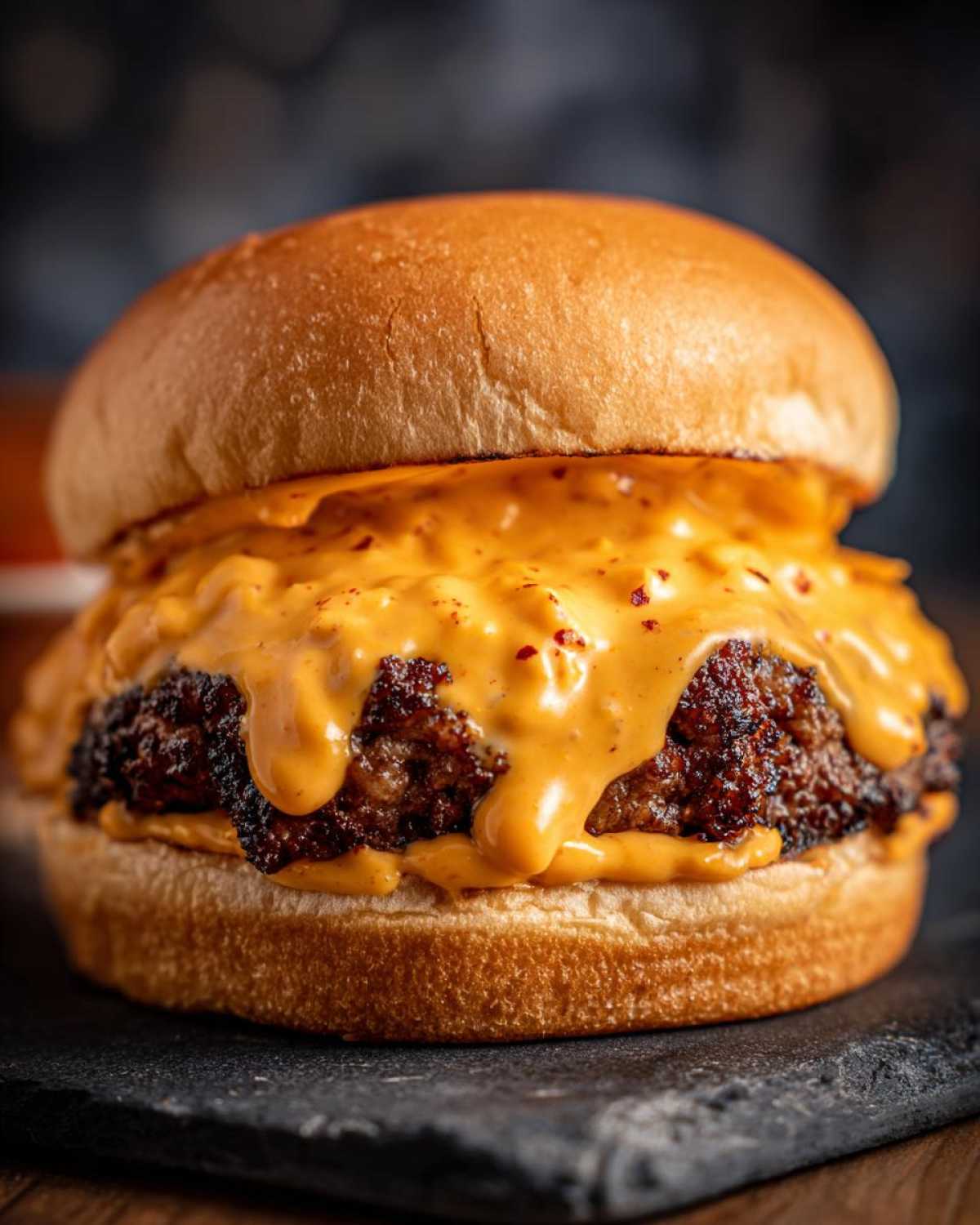 Close-up of a juicy burger patty smothered in creamy, orange Big Mac sauce between two soft buns.