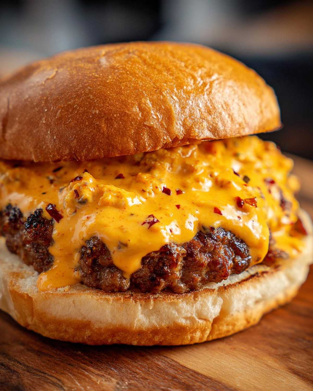 Close-up of a juicy burger patty covered in a thick, orange Big Mac sauce on a toasted bun.