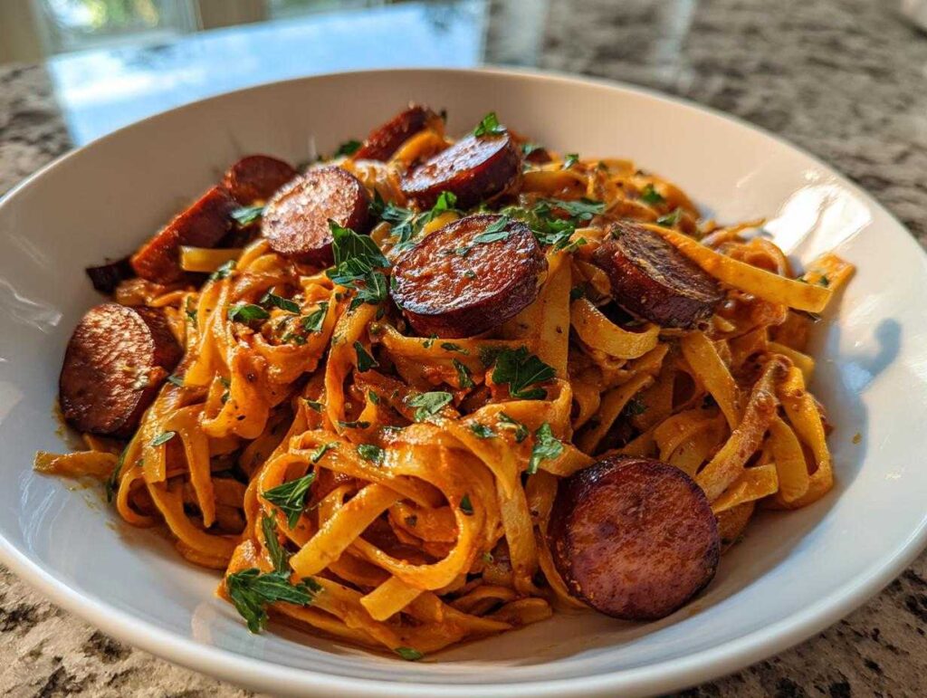 A close-up of creamy cajun sausage pasta featuring thick fettuccine noodles and sliced, seared sausage.