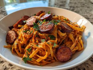 A close-up of creamy cajun sausage pasta featuring thick fettuccine noodles and sliced, seared sausage.