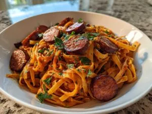 A close-up of creamy cajun sausage pasta featuring thick fettuccine noodles and sliced, seared sausage.