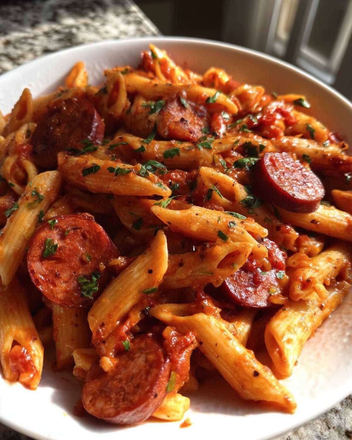 Close-up of a bowl filled with creamy cajun sausage pasta featuring sliced sausage and penne noodles.