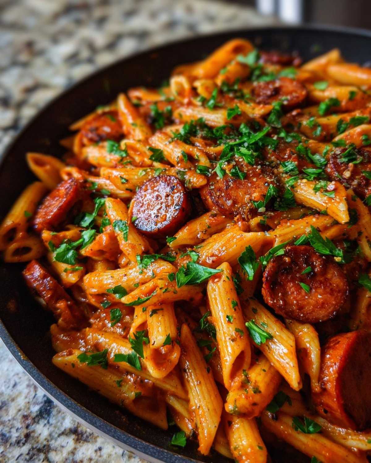 A close-up view of creamy cajun sausage pasta made with penne, sliced sausage, and fresh parsley garnish.