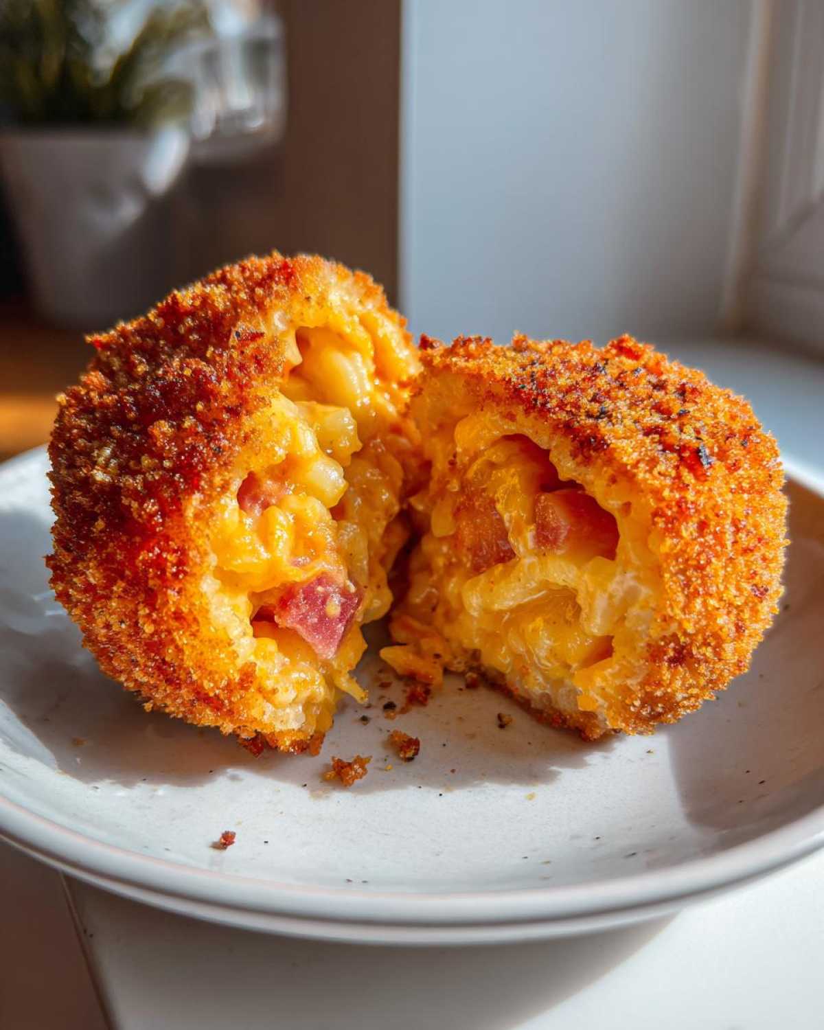 A golden-brown, deep-fried potato croquettes cut in half, revealing a gooey, cheesy macaroni and cheese filling with bits of ham.