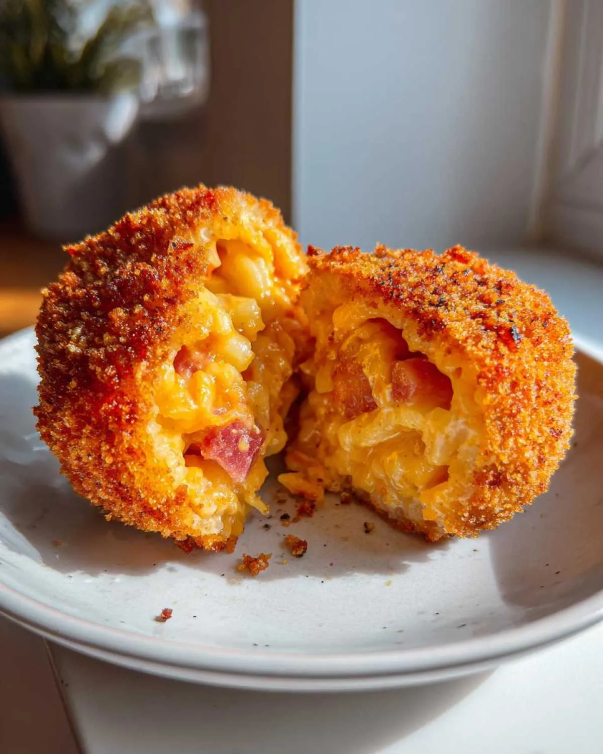 A golden-brown, deep-fried potato croquettes cut in half, revealing a gooey, cheesy macaroni and cheese filling with bits of ham.