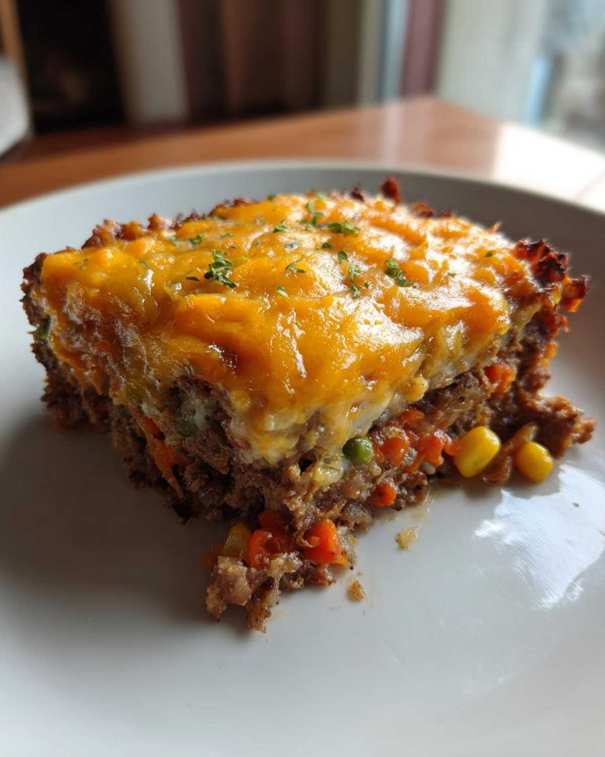 A hearty slice of meatloaf casserole topped with melted cheddar cheese and parsley, showing mixed vegetables inside.
