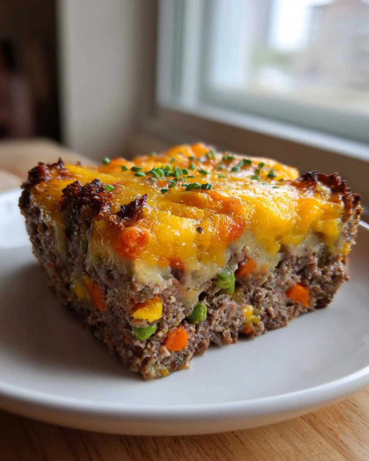 A thick slice of meatloaf casserole topped with melted cheddar cheese and chives, showing peas and carrots inside.