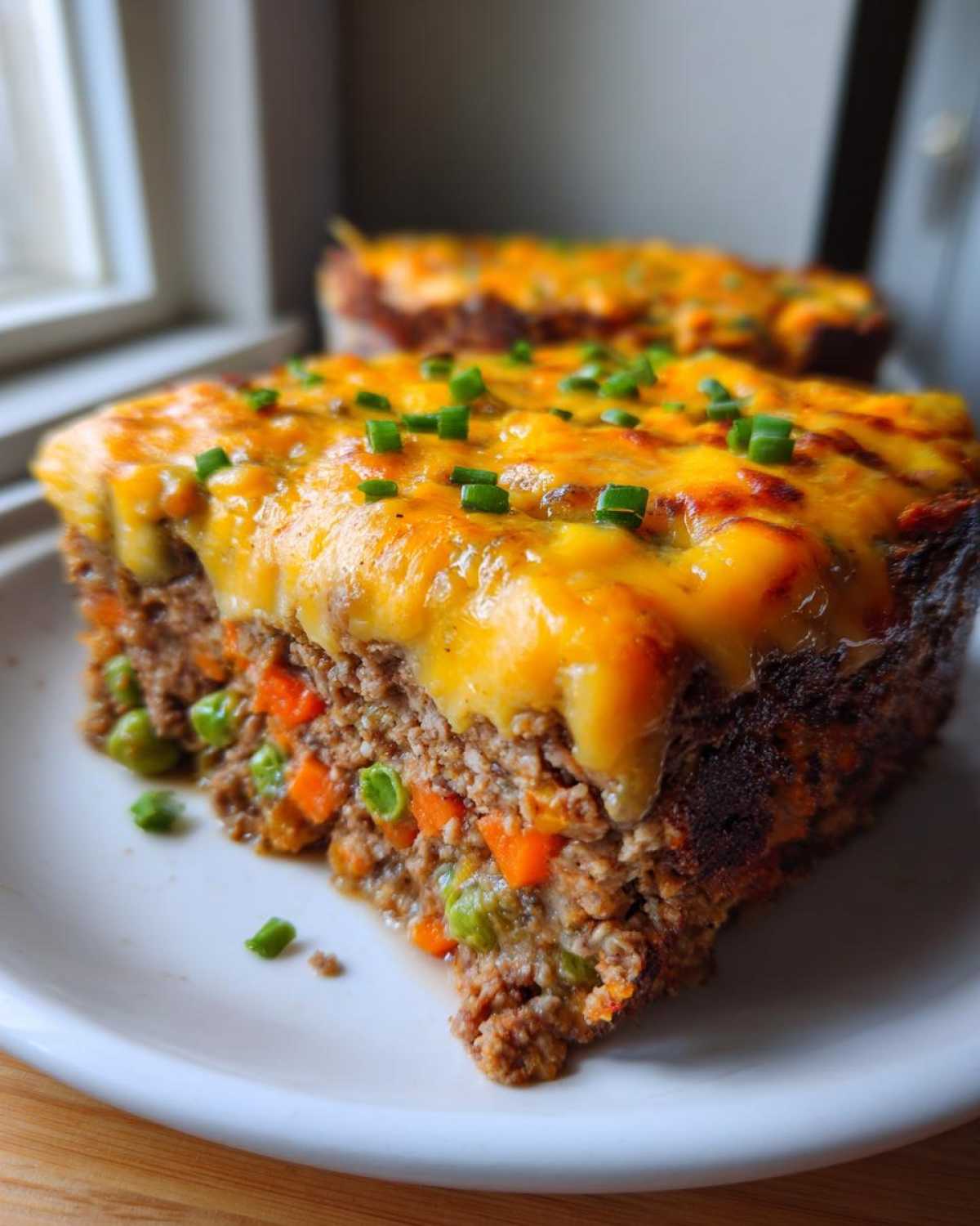 A thick slice of meatloaf casserole topped with melted cheddar cheese and green onions, showing peas and carrots inside.