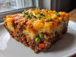 A thick slice of meatloaf casserole with a ground beef base, mixed vegetables, and a golden, cheesy mashed potato topping garnished with chives.