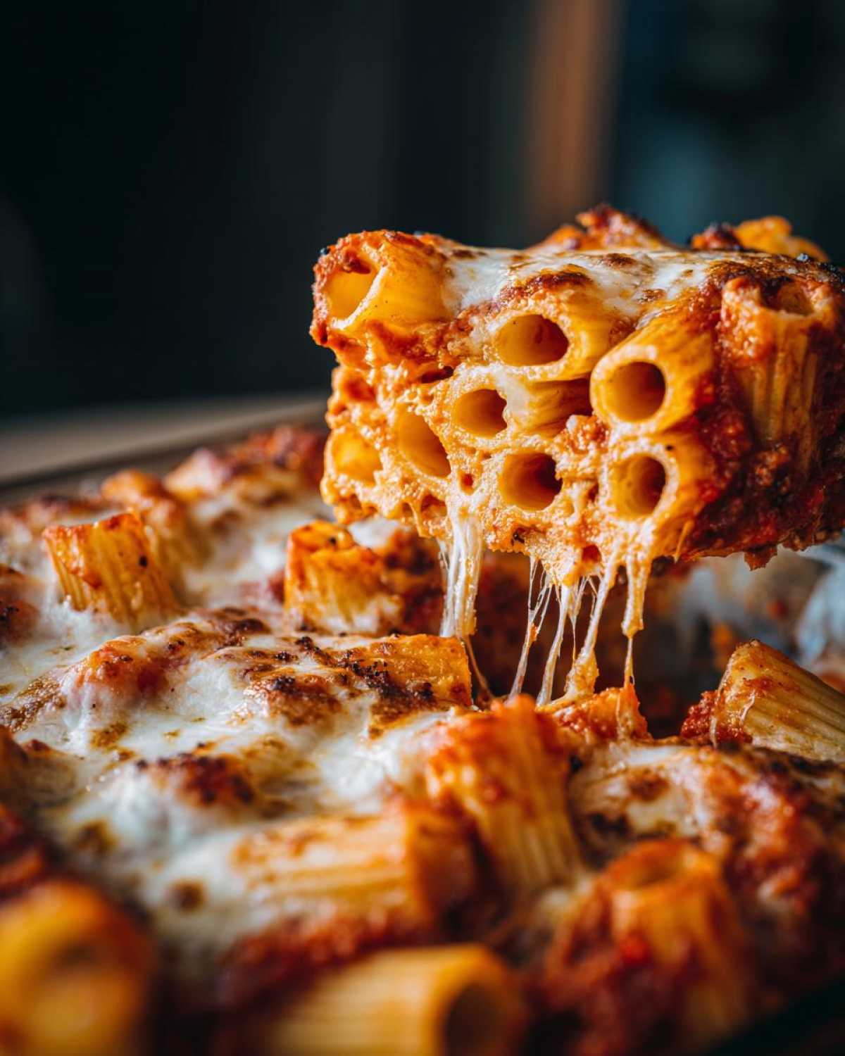 A serving of baked pasta bake being lifted, showing incredible cheese pull and rich tomato sauce coating the rigatoni.
