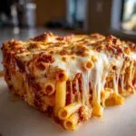 A close-up of a thick slice of baked pasta bake with rigatoni pasta, rich sauce, and melted, stretching mozzarella cheese.
