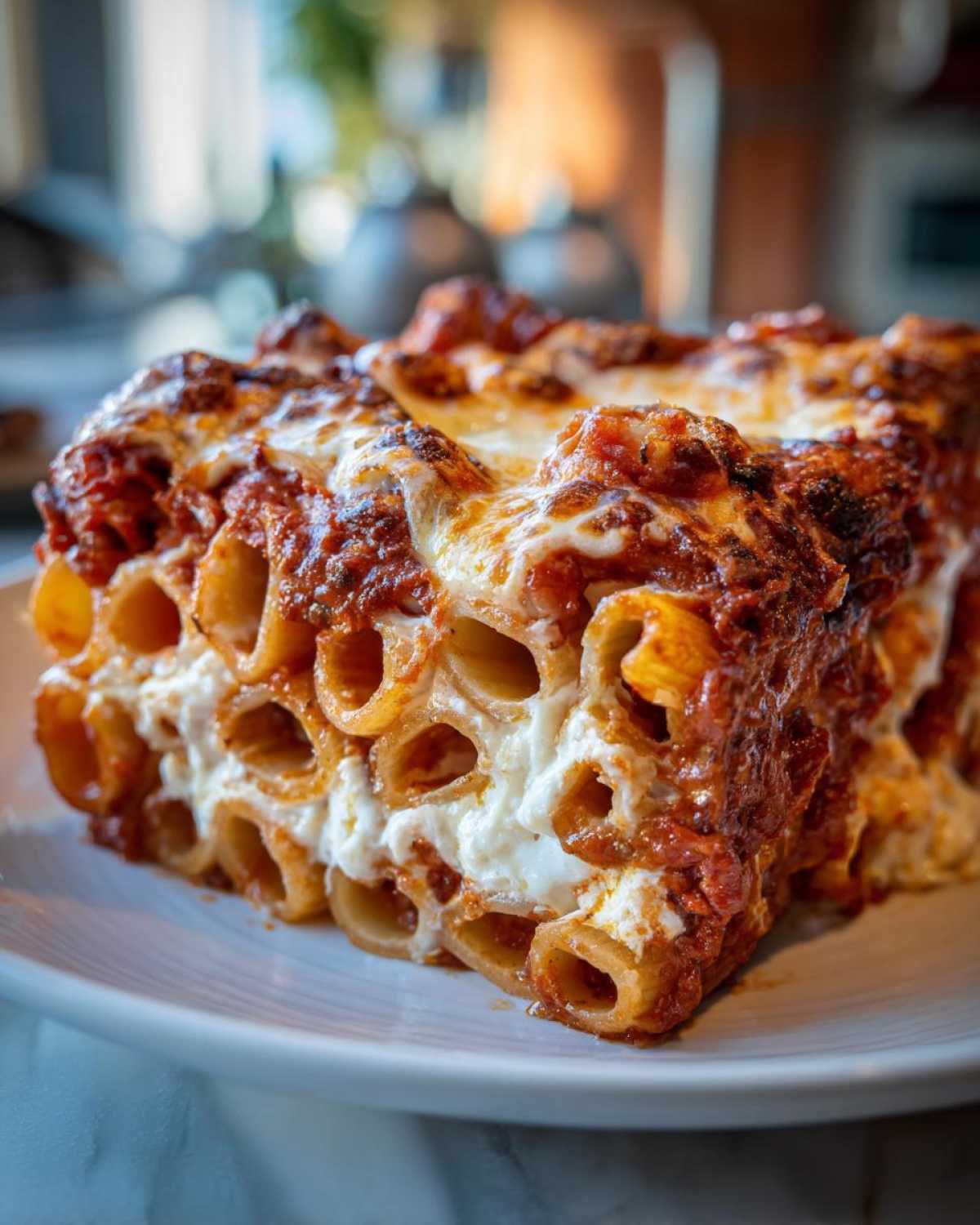 Close-up of a hearty slice of baked ziti pasta bake with melted cheese and rich tomato sauce.