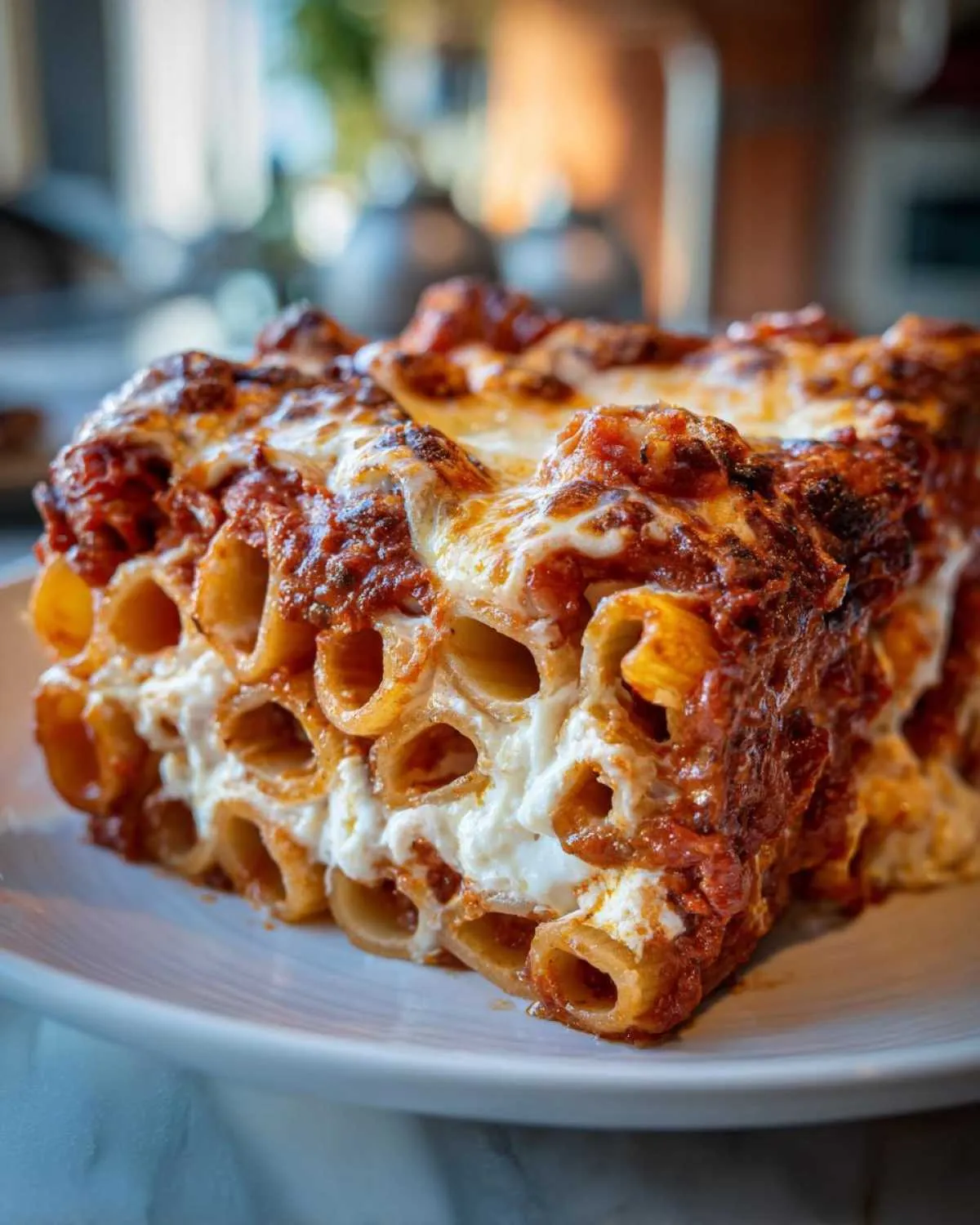Close-up of a hearty slice of baked ziti pasta bake with melted cheese and rich tomato sauce.