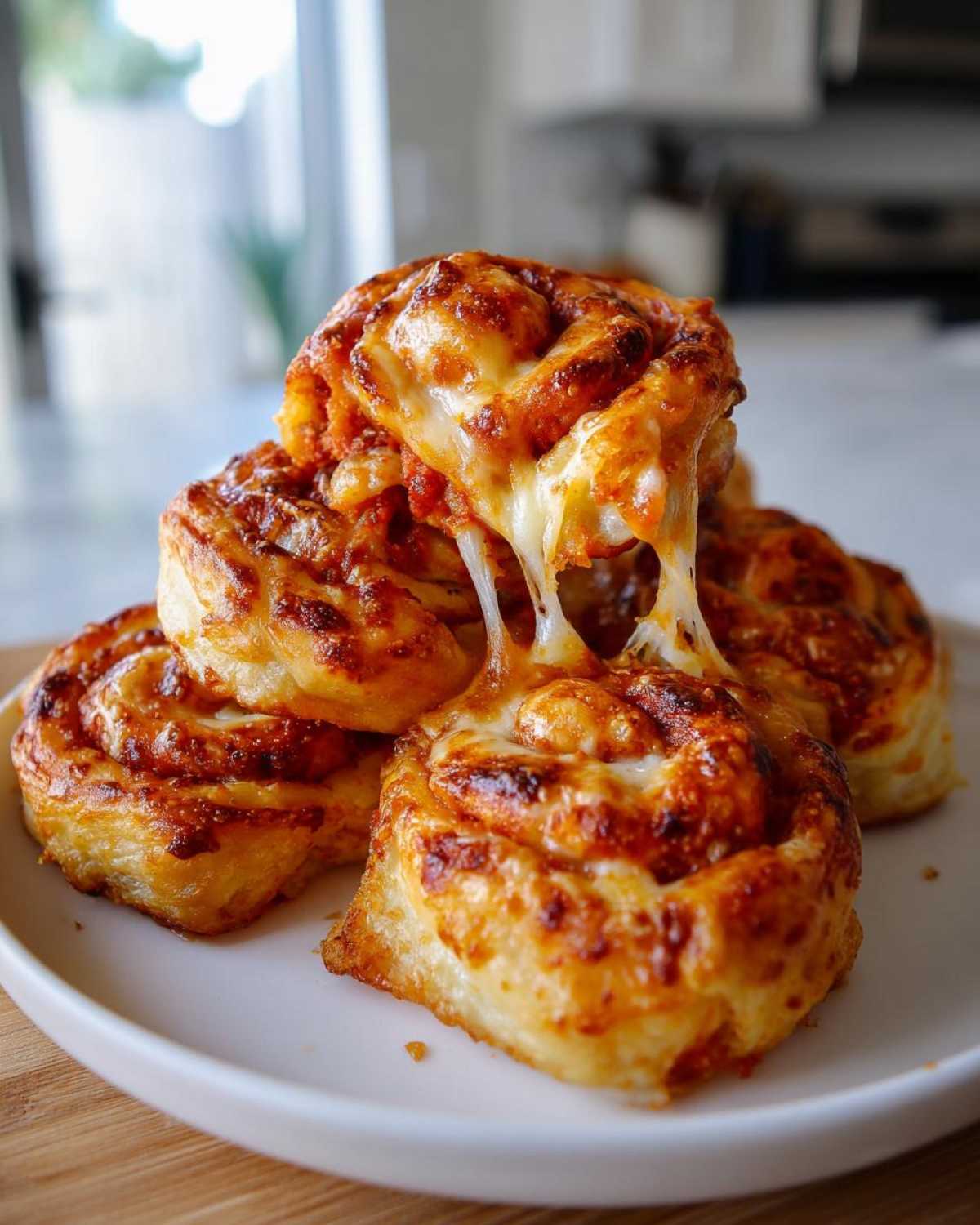 A stack of golden brown pizza pinwheels with melted, stringy cheese pulling apart.