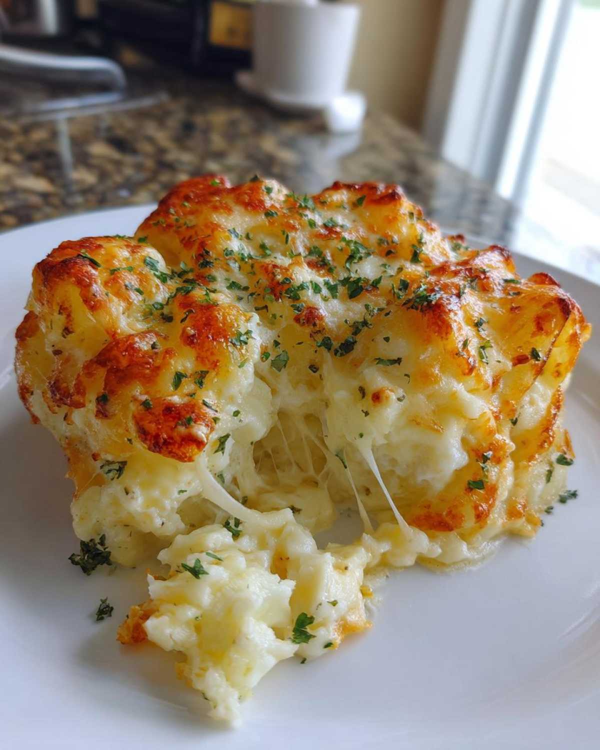 Close-up of a serving of cheesy potato casserole showing a dramatic cheese pull and golden-brown topping.