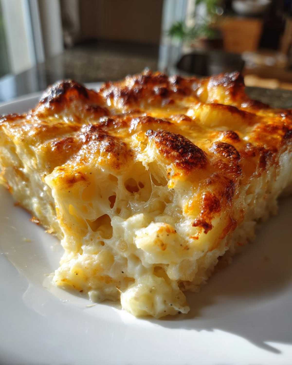 Close-up of a square serving of cheesy potato casserole with a golden-brown, bubbly top.