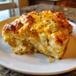 A close-up of a square serving of cheesy potato casserole topped with melted orange cheddar cheese and herbs.