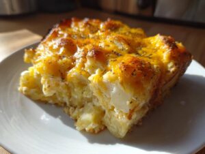 Close-up of a serving of cheesy potato casserole with a bubbly, golden-brown cheese topping.