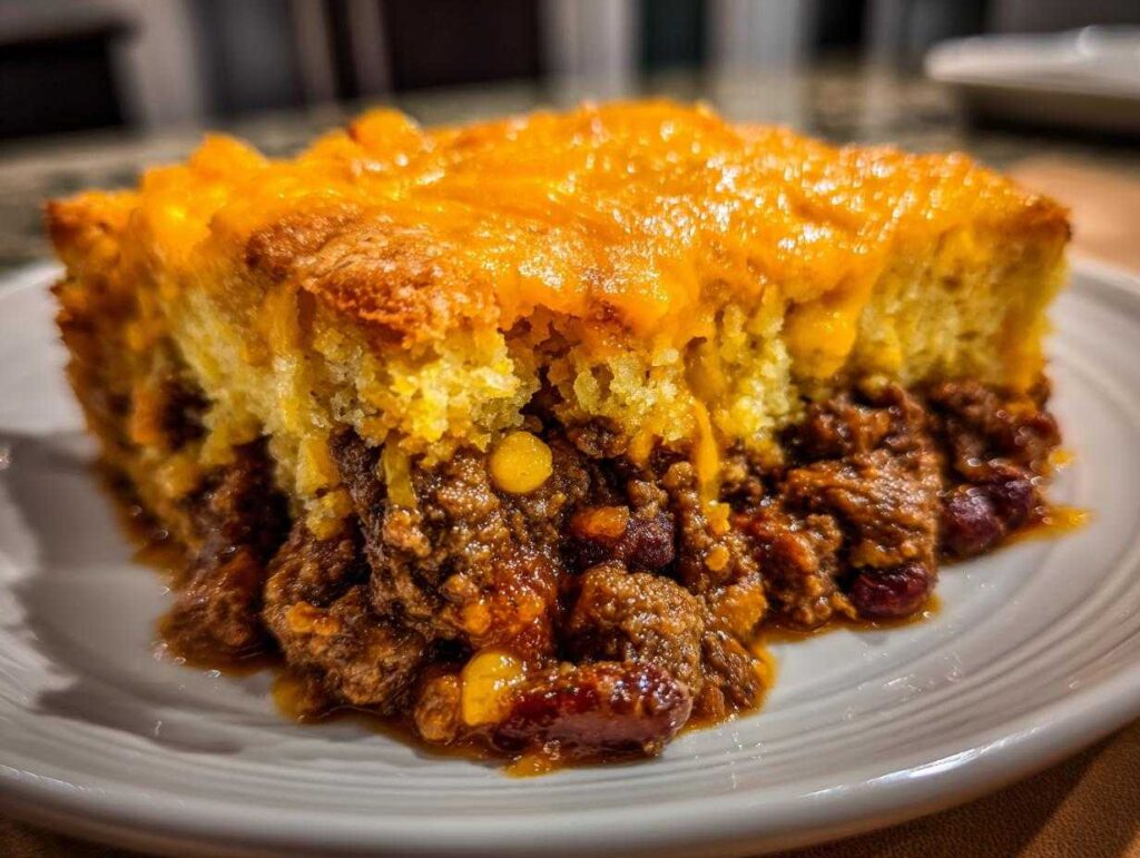 A close-up, mouth-watering slice of tamale pie featuring a thick layer of chili filling topped with melted cheddar cheese and cornbread.