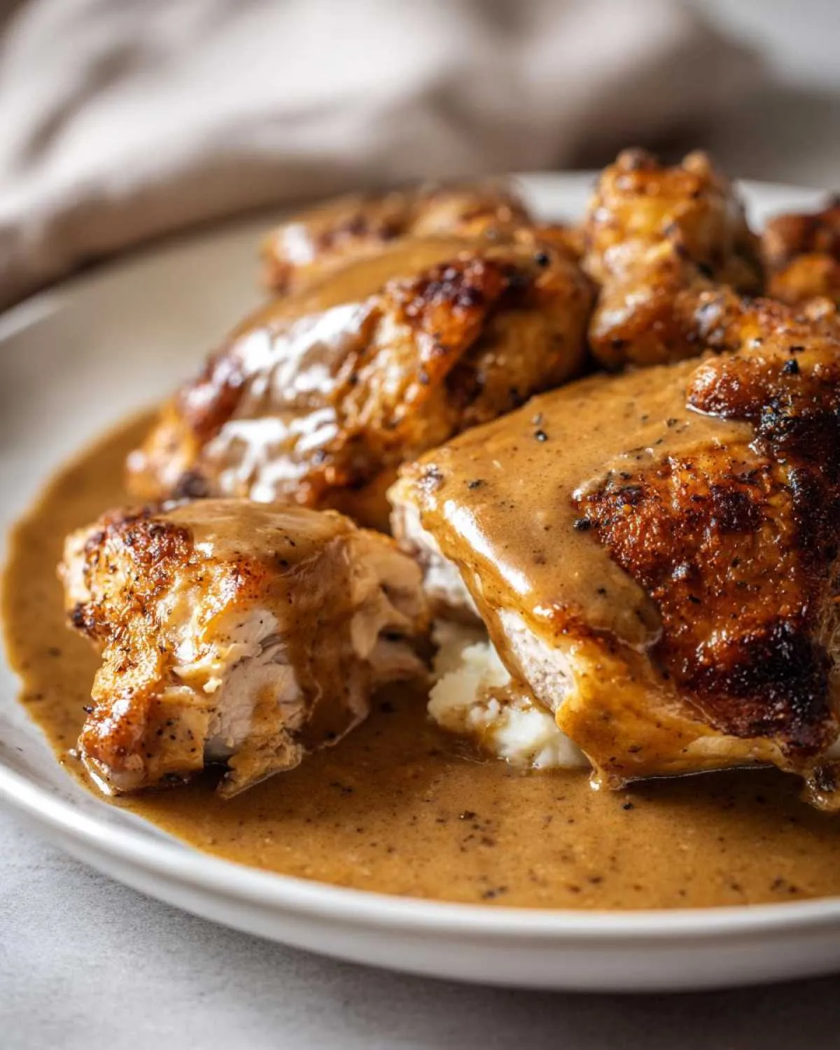 Close-up of crispy skin chicken and gravy served over mashed potatoes, highlighting the rich brown gravy.
