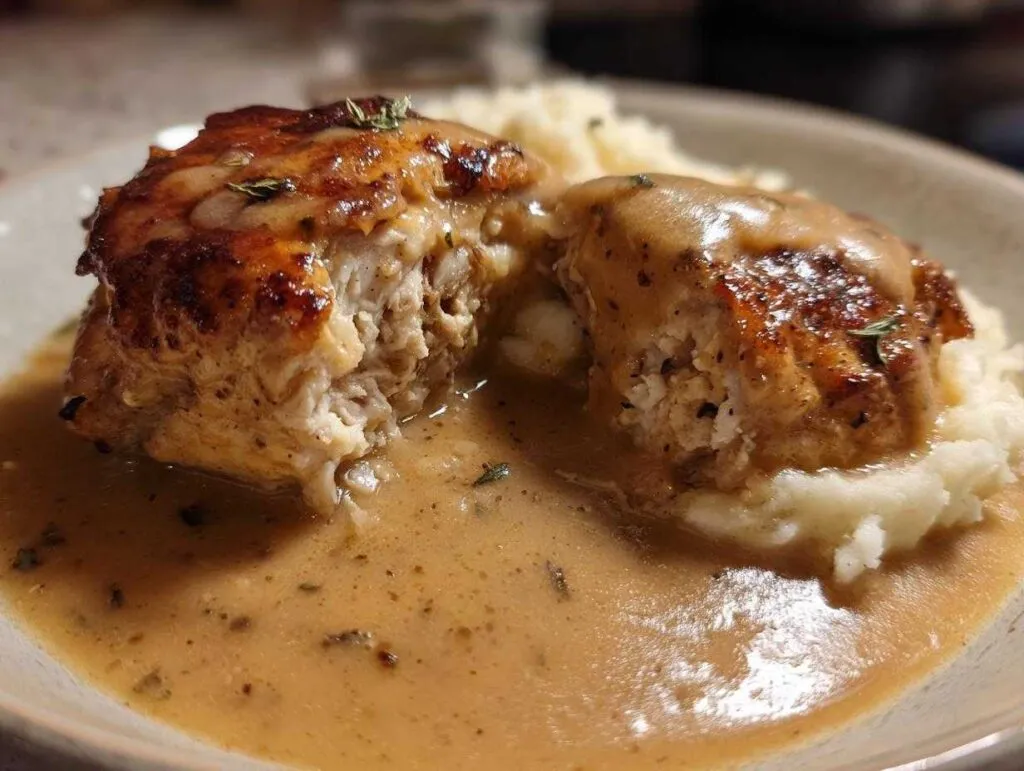 Close-up of seared chicken and gravy cut open, revealing moist interior, served over mashed potatoes.