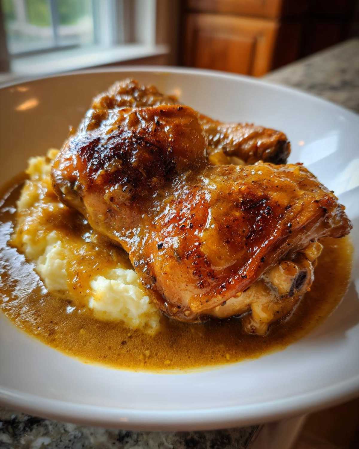 Close-up of a juicy, glazed chicken piece served over mashed potatoes swimming in rich chicken and gravy.
